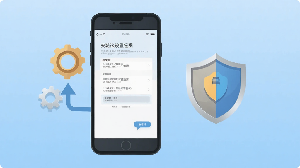 医家易云安装设置流程图,画面展示一部手机旁有齿轮和盾牌图标,手机屏幕显示权限设置界面,背景为浅蓝色渐变,扁平化插画风格,画面干净整洁,无多余文字,高清画质