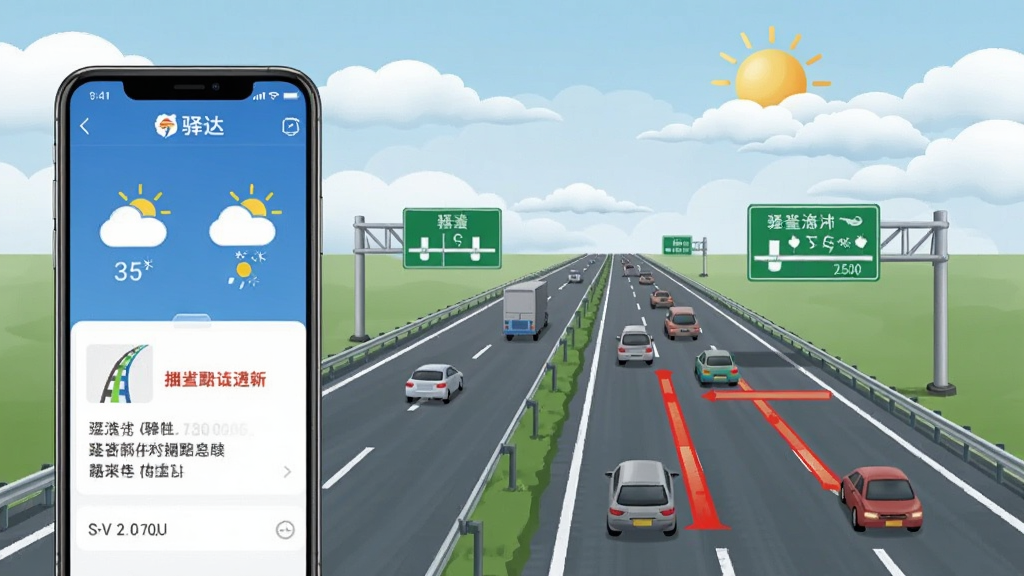 一幅展示高速公路路况和天气信息的示意图,画面中一条高速公路延伸至远方,路面上有少量车辆行驶,天空中有云层和太阳,画面一侧显示手机屏幕中
