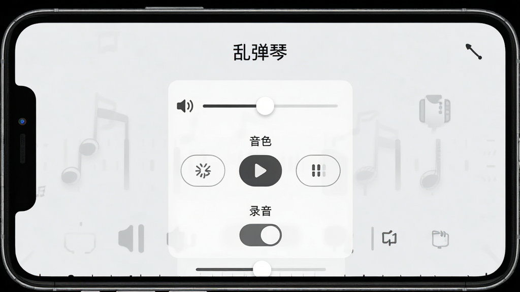 手机屏幕竖版构图,画面展示乱弹琴的设置面板界面,面板上有音量滑块、音色选择、录音开关等选项,背景为浅灰色极简风格,屏幕顶部显示“乱弹琴”文字,整体布局清晰,图标线条简洁,高清画质,干净无多余装饰