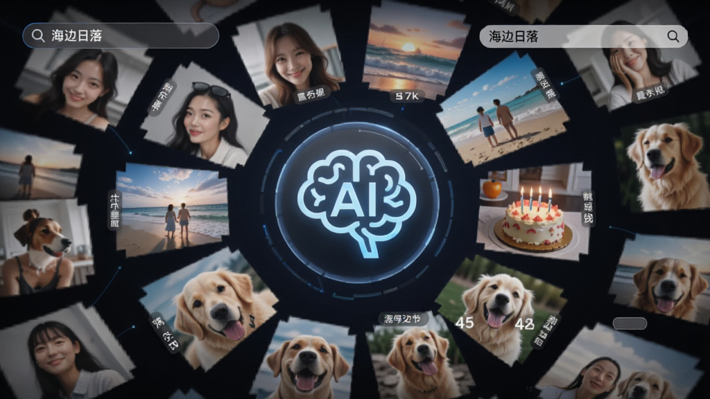 画面中央是一个发光的AI大脑图标,周围环绕着各种照片缩略图,照片中有人脸、海滩、生日蛋糕、宠物等,布局为放射状环绕,风格为未来科技感,细节包括搜索框显示“海边日落”、分类标签悬浮,画质为4K超清,干净无多余元素