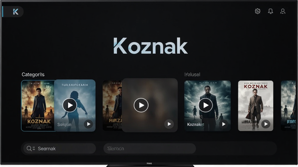 一张展示Koznak软件主界面的预览图,主体为深色背景的智能电视屏幕,屏幕中央显示Koznak的Logo和视频分类导航栏,布局采用横向卡片式设计,排版简洁清晰,风格为现代科技感UI设计,细节包括电影海报缩略图、播放按钮图标和搜索栏,画质高清,干净,无多余元素