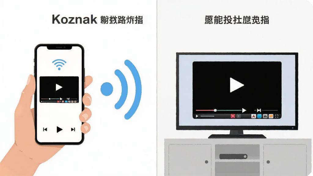 一张展示Koznak无线投屏功能的示意图,主体为一只手拿着手机向智能电视发送投屏信号,布局为左右分屏对比,排版左侧手机右侧电视,风格为简约插画风格,细节包括无线信号波纹图标和播放界面,画质清晰,干净,无多余元素