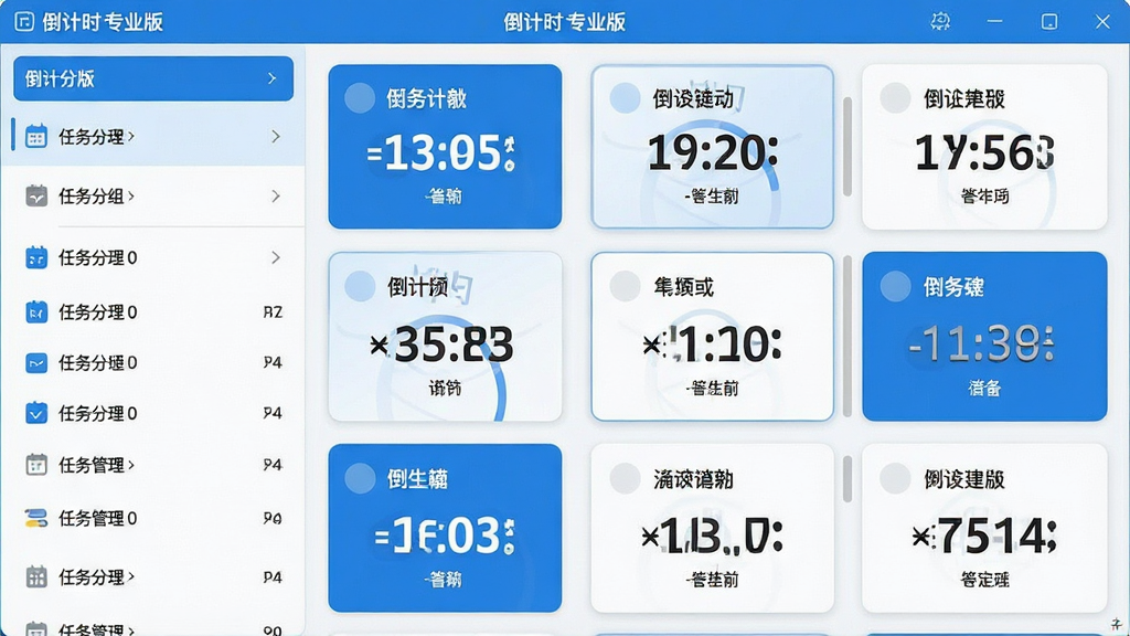 一张展示倒计时专业版多任务管理界面的图片,画面中左侧为任务分组列表,右侧为多个倒计时卡片并排显示,每个卡片上有不同的倒计时名称和剩余时间,界面风格清爽,配色以蓝白为主,屏幕上方有“倒计时 专业版”标识,布局规整,细节清晰,画质干净