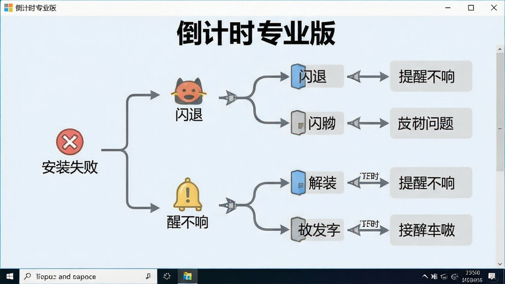 一张展示倒计时专业版在Windows电脑上运行时的故障排查流程图,画面以信息图形式呈现,包含“安装失败”“闪退”“提醒不响”等常见问题分支及对应解决步骤,背景为浅色,风格简洁明了,屏幕上方有“倒计时 专业版”字样,布局清晰,细节包括图标和箭头指示,画质干净,无多余元素
