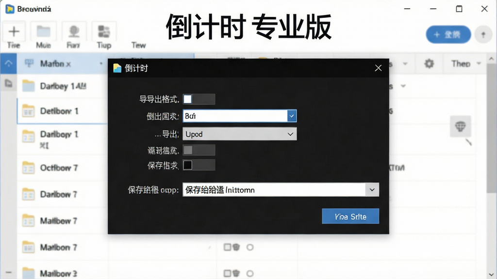 一张展示倒计时专业版数据导出与备份功能的图片,画面中有一个文件保存对话框,背景为软件任务列表界面,屏幕上方有“倒计时 专业版”字样,风格简洁,细节包括导出格式选项和保存路径,布局清晰,画质干净,无多余元素