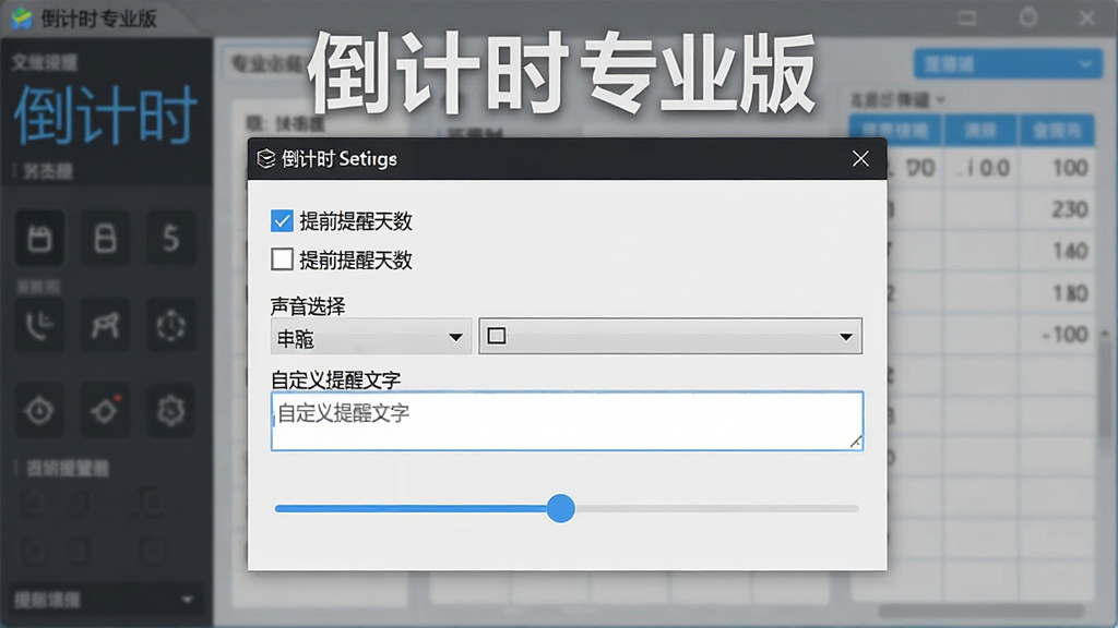 一张展示倒计时专业版提醒设置窗口的图片,画面中有一个设置面板,包含提前提醒天数选项、声音选择下拉菜单和自定义提醒文字输入框,背景为软件主界面,风格简洁,屏幕上方有“倒计时 专业版”字样,布局清晰,细节包括勾选框和滑块控件,画质清晰,无多余元素