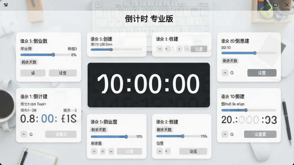 一张展示倒计时专业版软件主界面的图片,画面中央是清晰的数字倒计时显示区域,周围环绕着多个已创建的倒计时任务卡片,背景为简洁的浅灰色办公桌面风格,屏幕上方有软件名称“倒计时 专业版”字样,整体布局干净整洁,风格偏向现代商务,细节包括进度条、剩余天数标签和设置按钮,画质清晰,无多余元素