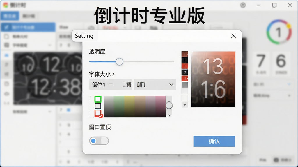 一张展示倒计时专业版界面自定义选项的图片,画面中有一个设置面板,包含透明度滑块、字体大小选择、背景颜色拾取器和窗口置顶开关,背景为软件主界面,风格现代,屏幕上方有“倒计时 专业版”字样,布局合理,细节包括预览区域和确认按钮,画质清晰,干净整洁