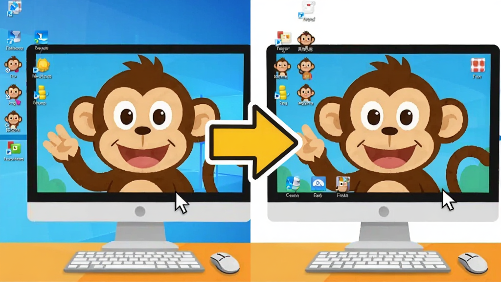 一张展示悠嘻猴主题一键换装功能的示意图,画面左侧是普通Windows默认桌面,右侧是换装后的悠嘻猴主题桌面,中间有一个大大的切换箭头,画面主体是两台电脑屏幕对比布局,风格为扁平化卡通风格,细节包括悠嘻猴壁纸、彩色图标、可爱鼠标指针,画质清晰干净无多余元素