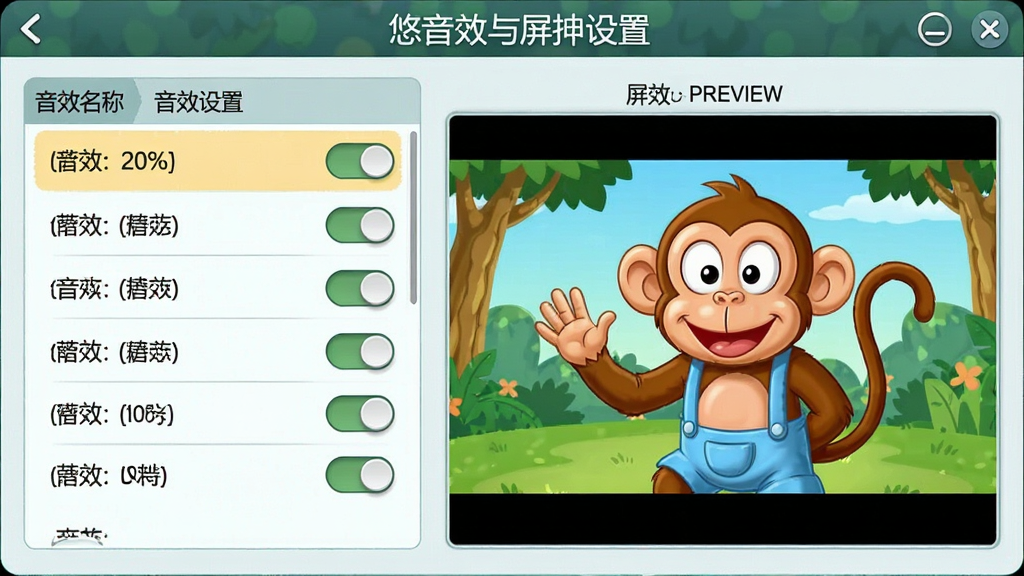 一张悠嘻猴主题音效与屏保设置界面展示图,画面主体是一个设置面板,面板中包含音效开关列表和屏保预览窗口,屏保预览窗口中显示悠嘻猴动画画面,布局为左侧音效设置、右侧屏保预览,风格为卡通可爱风格,细节包括音效名称列表、开关按钮、屏保动画中的猴子形象,画质高清干净无多余元素