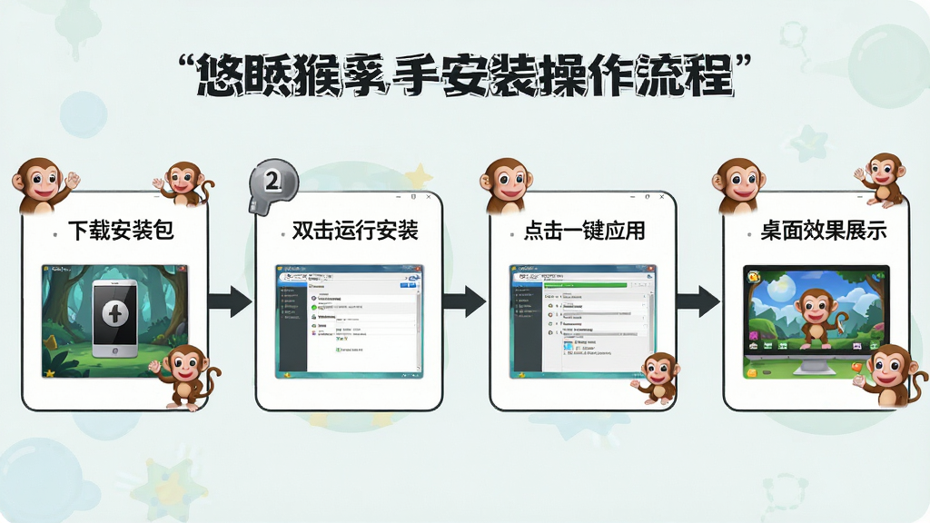 一张悠嘻猴主题新手安装操作流程图,画面主体是四个步骤的流程图布局,从左到右依次为下载安装包、双击运行安装、点击一键应用、桌面效果展示,每个步骤用方框和箭头连接,风格为简洁教程风,细节包括每步的界面截图示意、悠嘻猴形象点缀、步骤编号,画质清晰干净无多余元素