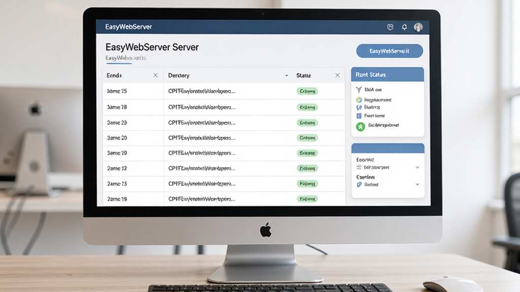 ������һ̨��ʾ������Ļ����ʾEasyWebServer��վ�������Ķ�˿ڹ����б����棬����Ϊ�����뿨Ƭ��ϣ��Ű����룬���Ϊ��Լ����磬ϸ�ڰ����˿ںš�Ŀ¼·��������״̬��ǩ������Ϊ���壬����ɾ����޶���Ԫ�ء�