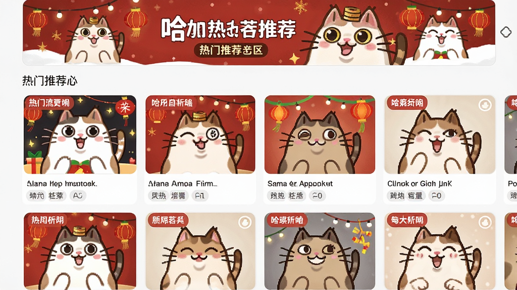 一张展示哈咪猫表情包热门推荐专区的界面图,主体是横向滚动的推荐位,布局为顶部横幅加下方缩略图列表,排版突出热门标签,风格为清新可爱的卡通风格,细节包括节日主题表情和热门标签文字,画质高清,干净,无多余元素