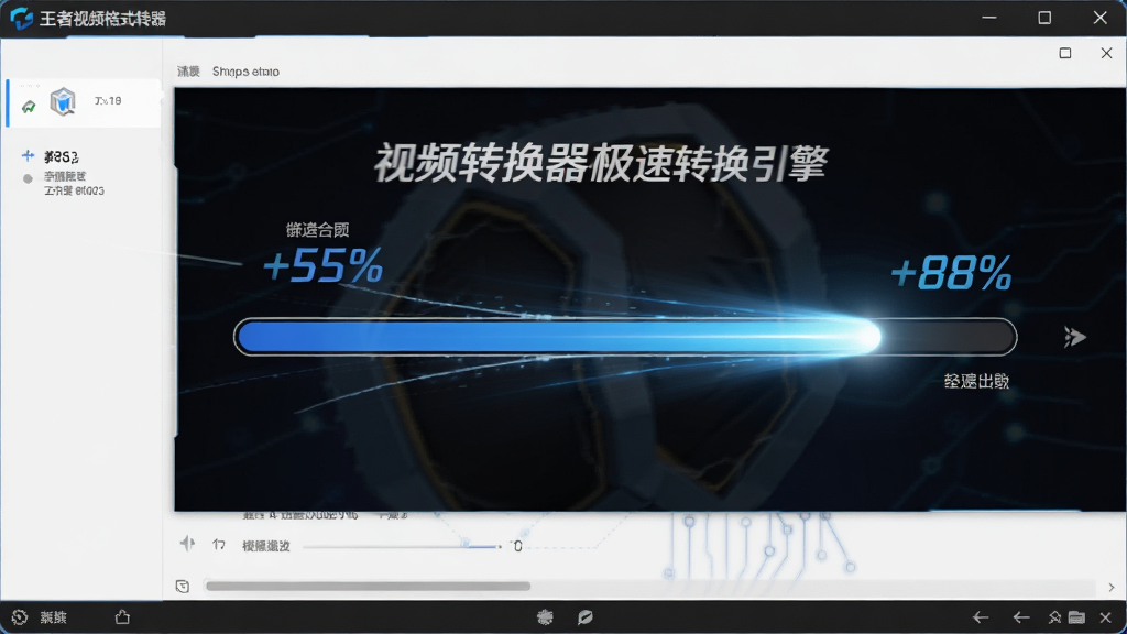 一张展示王者视频格式转换器极速转换引擎的图片,主体为软件界面中进度条快速前进的视觉效果,布局为横向居中,排版简洁,风格为动感科技风,细节包括速度线条、百分比数字,画质高清,干净整洁,无多余元素。