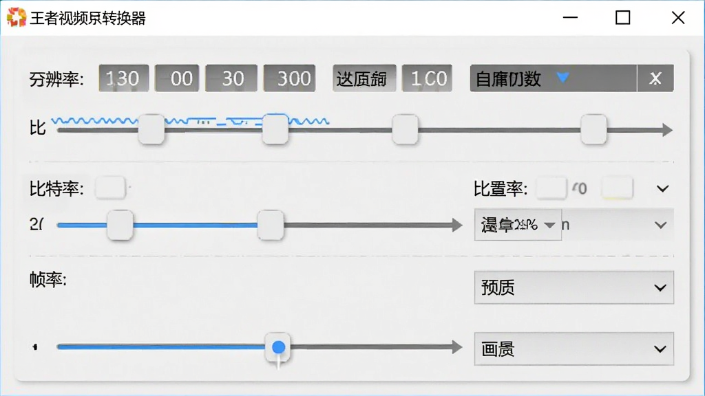 一张展示王者视频格式转换器画质与参数自定义功能的图片,主体为软件设置面板中的分辨率、比特率、帧率调节滑块,布局为纵向排列,排版清晰,风格为专业工具风,细节包括数值显示、预设下拉菜单,画质高清,干净整洁,无多余元素。