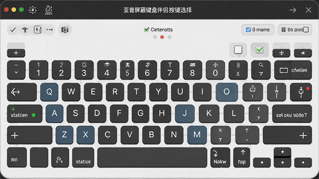 一张软件功能展示图,画面主体是亚普屏蔽键盘伴侣的按键选择界面,键盘布局图清晰可见,部分按键被高亮标记为已屏蔽状态,布局为居中展示,风格为简洁软件截图风,细节包括按键图标、勾选框、状态指示,画质高清,干净,无多余元素