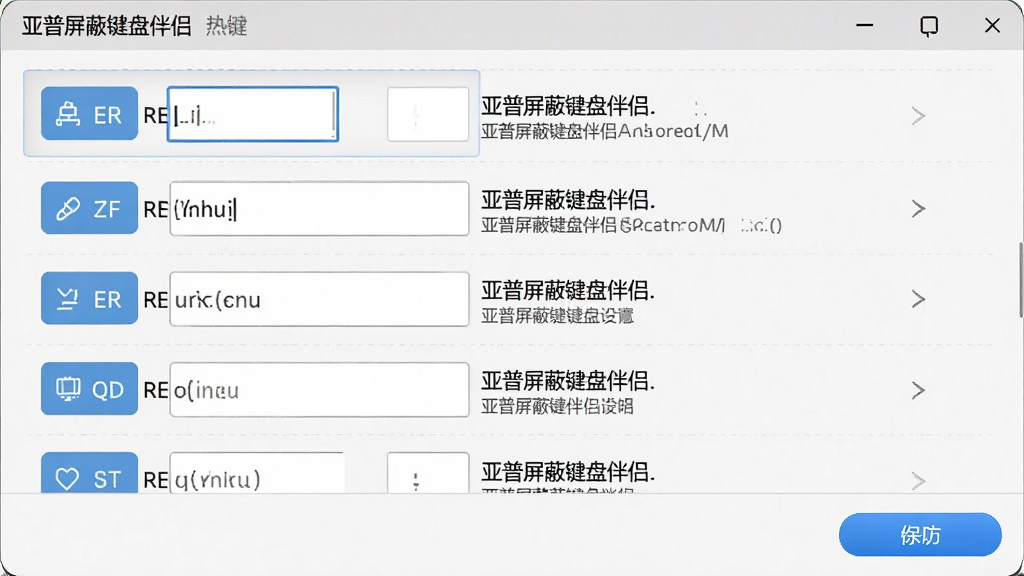 一张软件功能展示图,画面展示亚普屏蔽键盘伴侣的热键设置界面,界面中显示多个快捷键组合选项,布局为列表式排列,风格为简洁软件截图风,细节包括热键输入框、功能说明文字、保存按钮,画质高清,干净,无多余元素