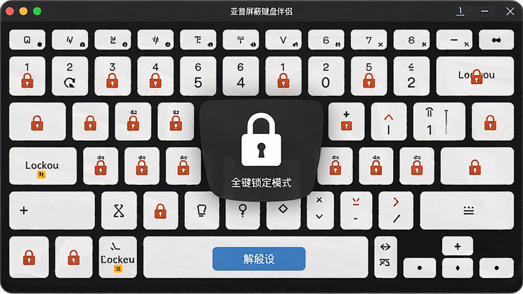 一张软件功能展示图,画面展示亚普屏蔽键盘伴侣的全键盘锁定模式界面,整个键盘布局被统一标记为锁定状态,界面中央有醒目的锁定图标,布局为居中展示,风格为简洁软件截图风,细节包括锁定标识、状态文字、解锁按钮,画质高清,干净,无多余元素