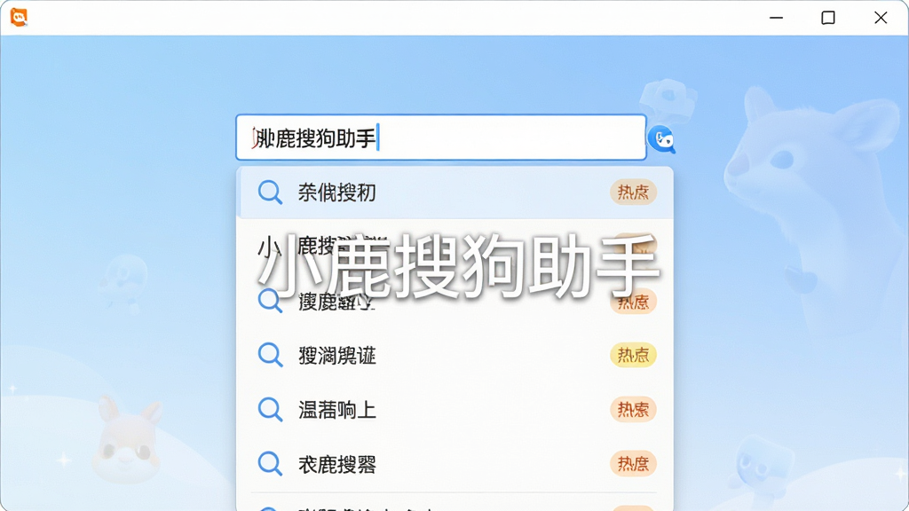 一张软件功能展示图,画面主体为小鹿搜狗助手的搜索联想界面,屏幕中央显示输入框,下方弹出多行关键词候选列表,列表带有放大镜图标和热度标识,背景为浅蓝色渐变,界面风格清爽现代,周围无其他软件窗口,画质干净细腻,图片中央带有“小鹿搜狗助手”半透明水印,整体构图聚焦联想功能,无多余装饰元素