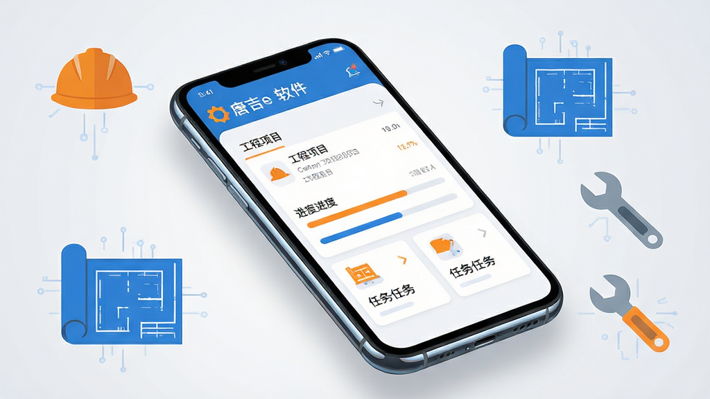 主体为一部智能手机,屏幕上显示唐吉e建软件的主界面,界面包含工程项目列表、进度条和任务卡片;布局采用居中构图,手机略微倾斜展示屏幕内容;排版上软件界面清晰可见,周围环绕简约的工程图标如安全帽、图纸、扳手;风格为现代扁平化科技风,色调以蓝白为主,辅以橙色点缀;细节上手机边缘有轻微反光,背景为干净的浅灰色渐变;画质高清,干净无多余元素。