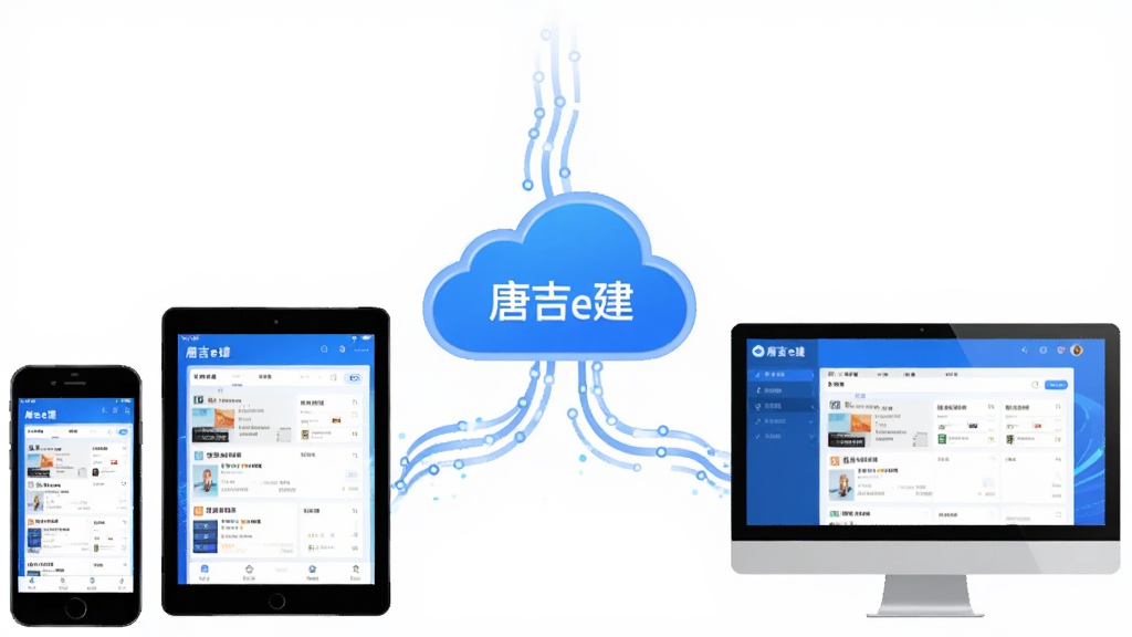 主体为唐吉e建软件的云端同步示意图,展示手机、平板和电脑通过云图标连接;布局为三角形构图,三个设备围绕中心云朵图标;排版简洁明了;风格为科技感插画风,配色以蓝色和白色为主;细节上设备屏幕显示唐吉e建界面缩略图,云朵有数据流动线条;画质清晰,干净无多余元素。