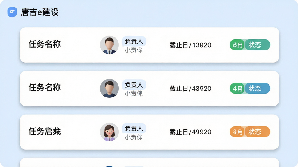 主体为唐吉e建软件的任务派发界面,展示任务卡片列表,每张卡片包含任务名称、负责人头像、截止日期和状态标签;布局为垂直列表,卡片之间有适当间距;排版清晰易读;风格为柔和圆角设计,配色以白色卡片和浅蓝背景为主;细节上卡片有轻微阴影,状态标签用彩色区分;画质高清,干净无多余元素。