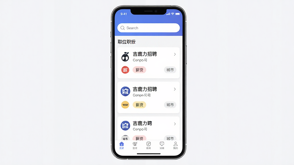 一张手机应用界面展示图,主体为吉鹿力招聘软件的主页,布局为顶部搜索栏加中部职位卡片列表加底部导航栏,排版简洁清晰,风格为现代扁平化UI设计,细节包括职位名称、公司logo、薪资标签、城市标签,画质高清干净无多余元素