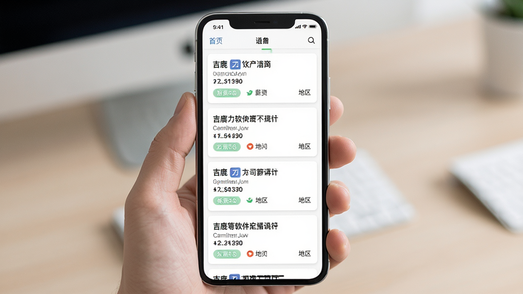 一张展示吉鹿力软件职位列表页面的图片,主体为手机屏幕中滚动的职位卡片,布局为纵向列表排列,排版整齐,风格为清新明亮的移动端界面风格,细节包括职位标题、公司名称、薪资范围、地区标签,画质高清干净无多余元素