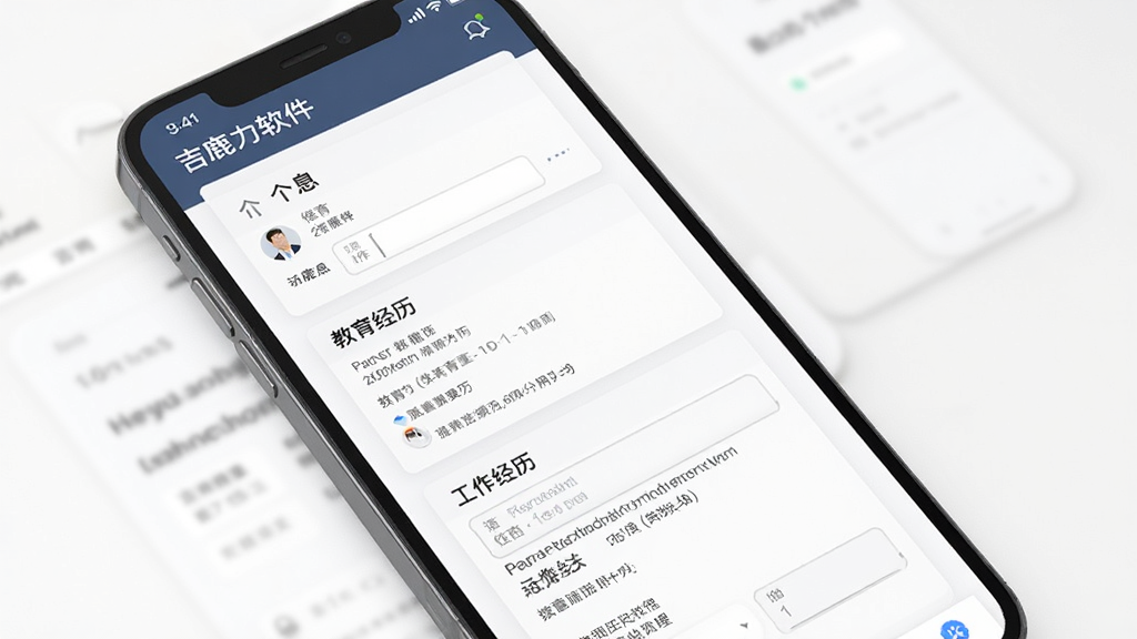 一张展示吉鹿力软件简历编辑页面的图片,主体为手机屏幕中的简历填写表单,布局为分模块的卡片式表单,排版清晰,风格为简约商务的移动端设计,细节包括个人信息、教育经历、工作经历输入框,画质高清干净无多余元素