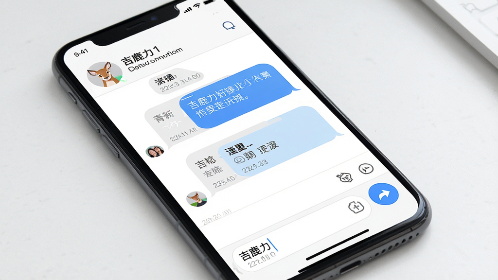 一张展示吉鹿力软件聊天沟通界面的图片,主体为手机屏幕中的对话窗口,布局为上方联系人信息加中部消息气泡加底部输入框,排版清晰,风格为现代社交软件界面风格,细节包括文字消息、时间戳、发送按钮,画质高清干净无多余元素