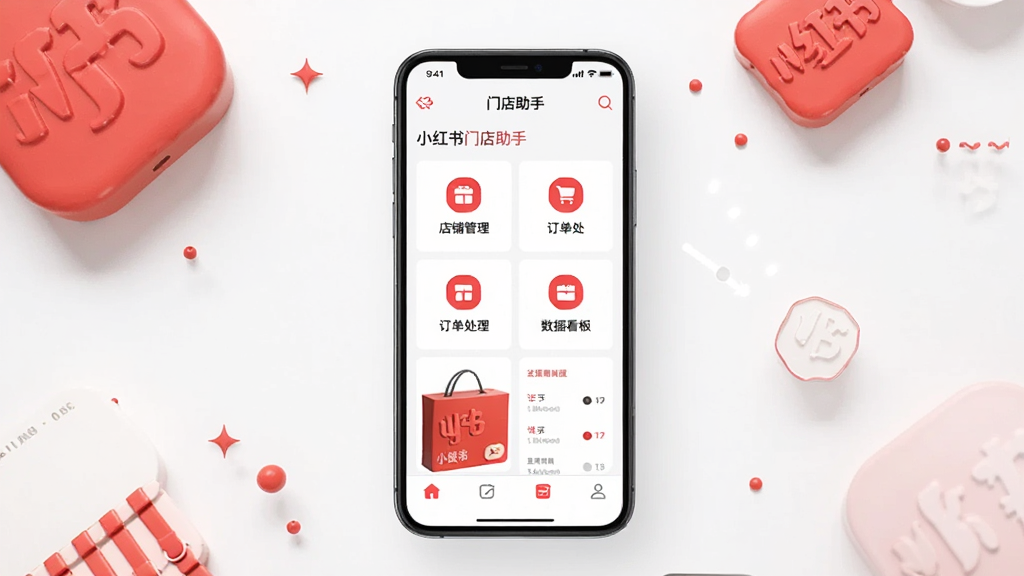 一张展示小红书门店助手应用界面的手机预览图,画面中央是一部竖屏智能手机,屏幕上显示小红书门店助手的主页,包含店铺管理、订单处理、数据看板等功能模块图标,背景为白色简约风格,手机周围环绕着小红书标志性的红色元素装饰,整体排版干净整洁,风格现代商务,细节清晰,画质高清,干净,无多余元素