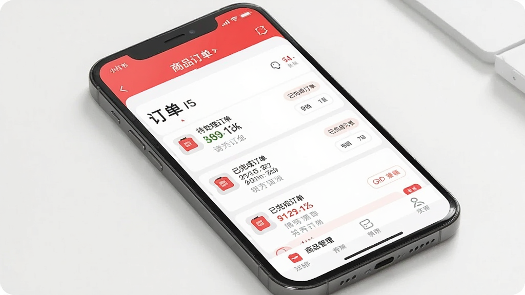 一张展示小红书门店助手订单处理功能的界面图,画面为手机屏幕特写,屏幕上显示订单列表和商品管理页面,包含待处理订单、已完成订单等状态标签,界面配色以白色和红色为主,风格清爽简约,排版整齐,画质高清,干净,无多余元素