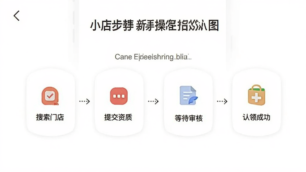 一张展示小红书门店助手新手操作指引的示意图,画面中手机屏幕显示门店认领步骤流程图,包含搜索门店、提交资质、等待审核、认领成功四个步骤,每个步骤配有小图标,背景为白色,风格简洁清晰,排版有序,画质高清,干净,无多余元素