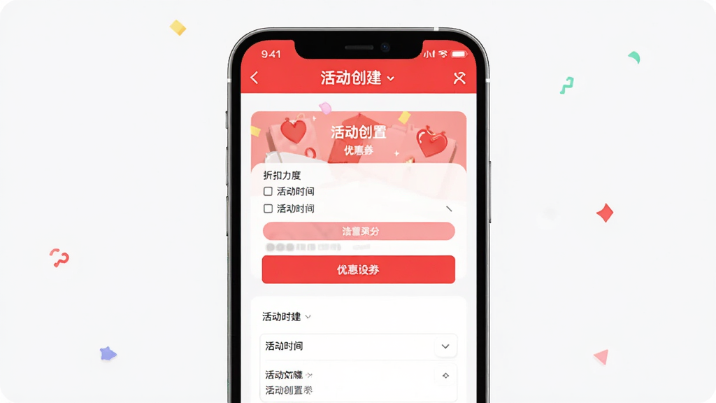 一张展示小红书门店助手营销活动配置界面的图片,手机屏幕上显示优惠券设置和活动创建页面,包含折扣力度、活动时间等选项,界面以红色按钮和白色背景为主,风格活泼商业,排版清晰,画质高清,干净,无多余元素