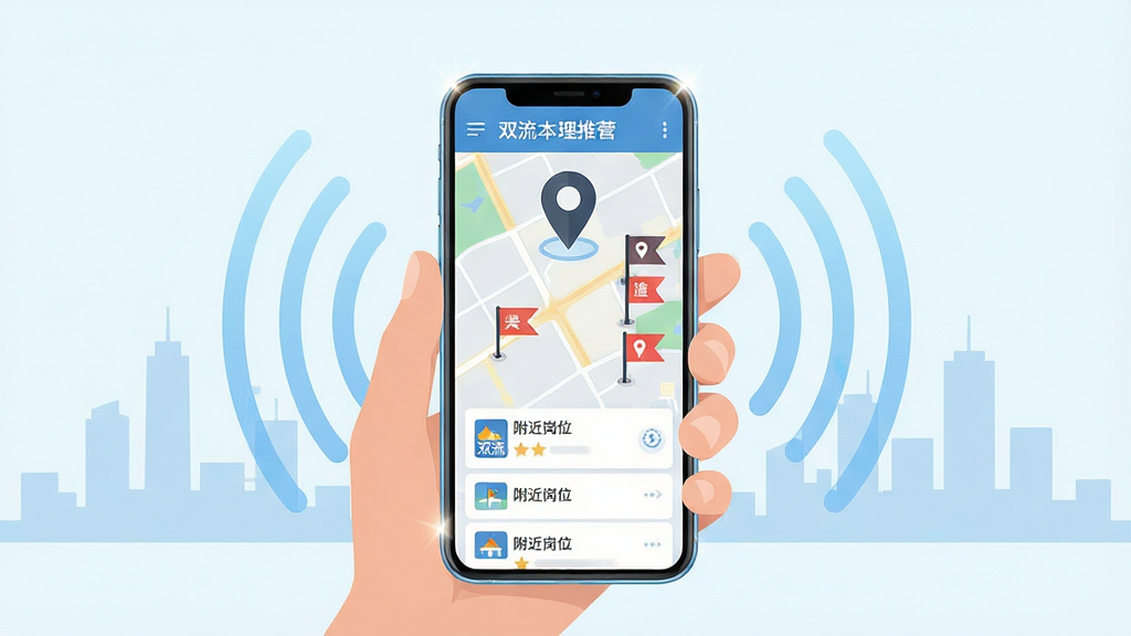 一幅展示双流云招聘本地岗位推送功能的AI生图,画面主体为一只手持智能手机,手机屏幕显示地图定位图标和附近岗位列表,地图上标注多个工作地点小旗,手机周围有淡蓝色信号波纹扩散,背景为简洁的双流城区剪影,布局采用中心放射构图,风格为扁平科技风,细节上手机边缘有轻微高光,地图线条清晰,画质干净明亮,无多余元素。