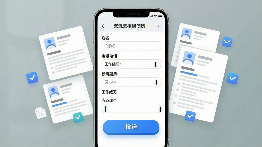 一幅展示双流云招聘简历创建与投递功能的AI生图,画面中央是一部手机,屏幕显示简历填写界面,包含姓名、电话、工作经历等输入框,下方有一个醒目的蓝色投递按钮,手机旁边漂浮着几份简历卡片和勾选图标,布局采用左右对称构图,风格为清新简约风,细节上输入框有光标闪烁效果,按钮有轻微立体感,画质干净清晰,无多余元素。