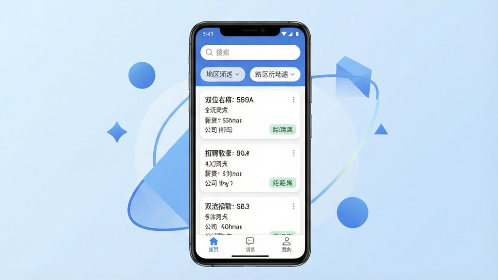 一张展现双流云招聘软件核心功能的手机应用界面预览图,画面中央是一部竖屏安卓手机,屏幕内显示招聘岗位列表页面,上方有搜索框和地区筛选按钮,中间排列着多条招聘卡片,每张卡片包含岗位名称、薪资范围、公司名称和距离标签,底部有首页、消息、我的三个导航图标。手机周围环绕简洁的几何图形和淡蓝色渐变背景,整体布局居中对称,风格为现代扁平化UI设计,细节上突出卡片圆角、图标清晰、文字排版整齐,画质干净清晰,无多余元素。