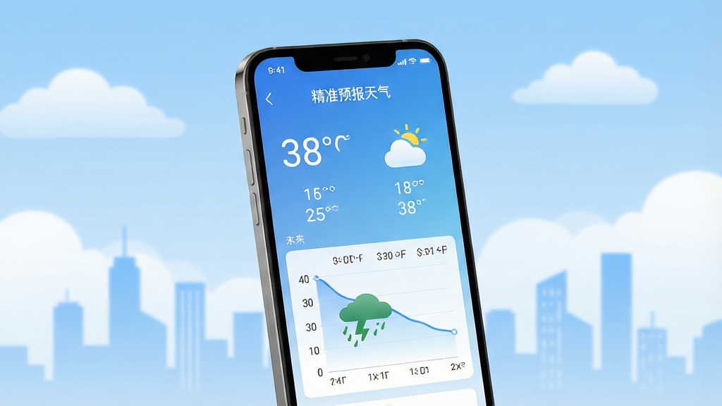 一张展示精准预报天气手机应用界面的图片,画面中央是一部竖屏智能手机,手机屏幕上显示着精准预报天气的主界面,包含当前温度、天气图标、未来几小时降雨趋势图。背景是柔和的蓝天白云与城市天际线剪影。布局采用居中构图,手机略微倾斜展示。风格为现代扁平化科技风,色彩以蓝白渐变为主。细节上屏幕内文字清晰可见,包含“精准预报天气”字样,界面干净整洁。画质为4K超高清,整体画面干净无多余元素,突出应用的核心功能与视觉美感。