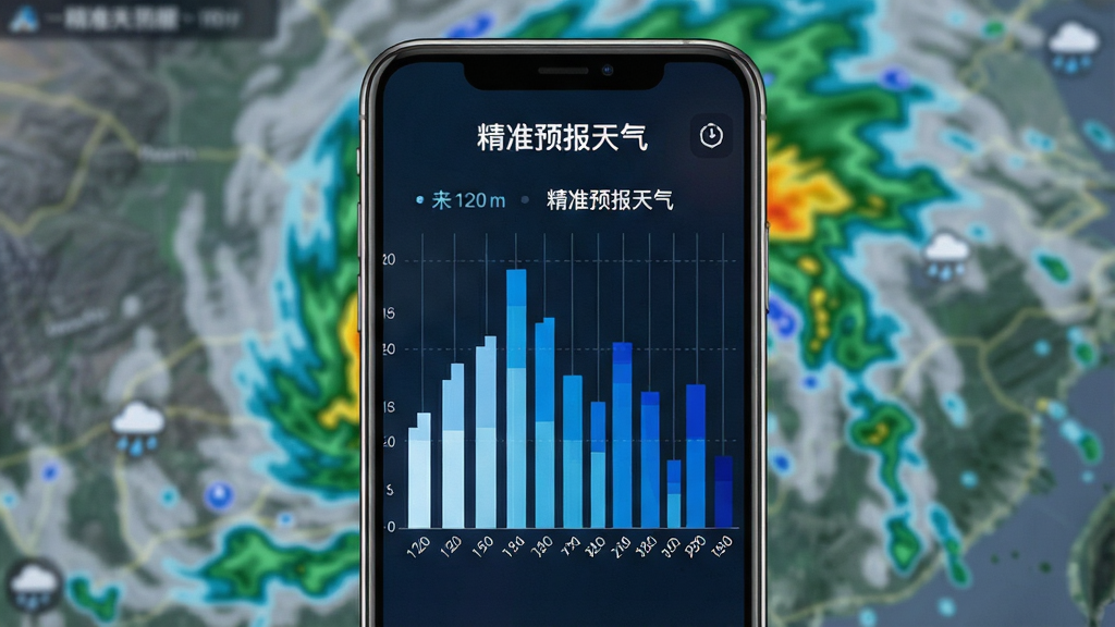 一张展示精准预报天气分钟级降水预报功能的图片,画面主体是手机屏幕特写,屏幕上显示着一条时间轴,标注着未来120分钟的降雨强度柱状图,颜色从浅蓝到深蓝渐变,旁边有清晰的“精准预报天气”文字标识。背景为虚化的气象雷达图。布局为手机居中,屏幕内容占据画面主要位置。风格为数据可视化科技风,细节上柱状图有明确的分钟刻度,画质高清,画面干净无杂乱元素。