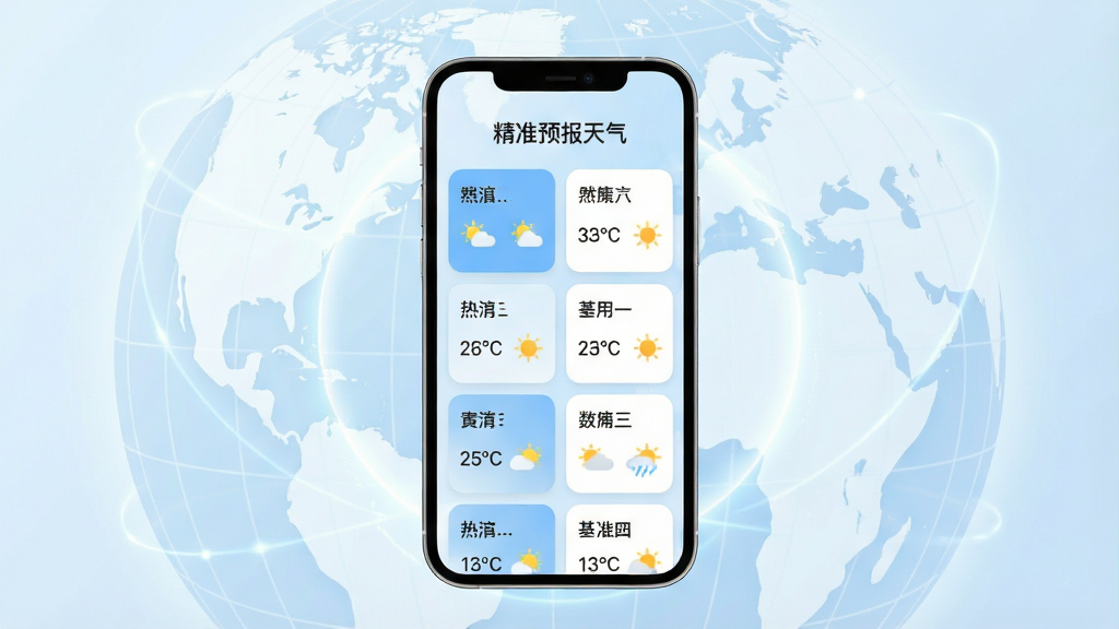 一张展示精准预报天气多城市管理功能的图片,画面中央是一部手机,屏幕上显示着多个城市卡片列表,每个卡片上有城市名称、当前温度和天气图标,卡片采用圆角设计,背景是柔和的地球经纬线图案。布局为手机居中,周围有淡淡的光晕效果。风格为清新简约风,色彩以浅蓝和白色为主。细节上卡片排列整齐,顶部有“精准预报天气”标题,画质为4K,画面干净整洁。