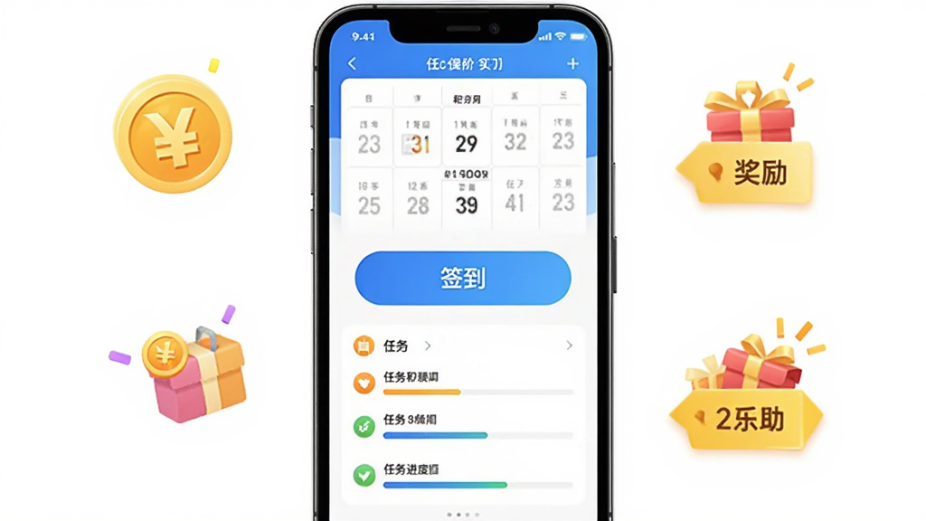 一分钱应用签到页面,画面中央显示签到按钮和任务列表,周围有积分图标和奖励提示,主体是手机界面,布局为上下结构,风格活泼明快,细节包括日历签到格和任务进度条,画质高清干净无多余元素