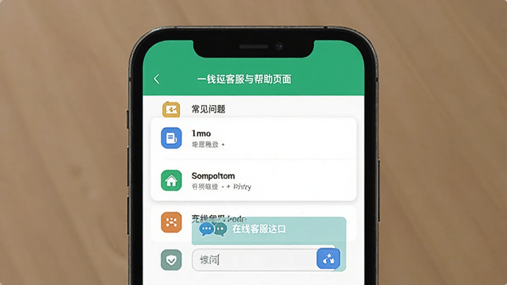 一分钱应用客服与帮助页面,画面中央显示常见问题列表和在线客服入口,主体是手机屏幕,布局为列表式,风格简洁清晰,细节包括问题分类图标和输入框,画质干净无多余元素