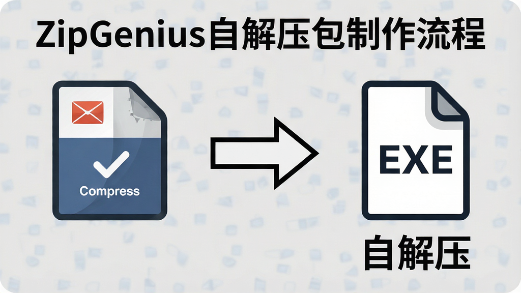 һ��չʾZipGenius�Խ�ѹ���������̵�ʾ��ͼ�����������һ����ͨѹ����ͼ�꣬�м���һ��ת����ͷ���Ҳ���һ����ִ��EXE�ļ�ͼ�꣬�·���ʾ���Խ�ѹ�����֣������������ˣ�����Ϊǳ��ɫ�������������޶���Ԫ��