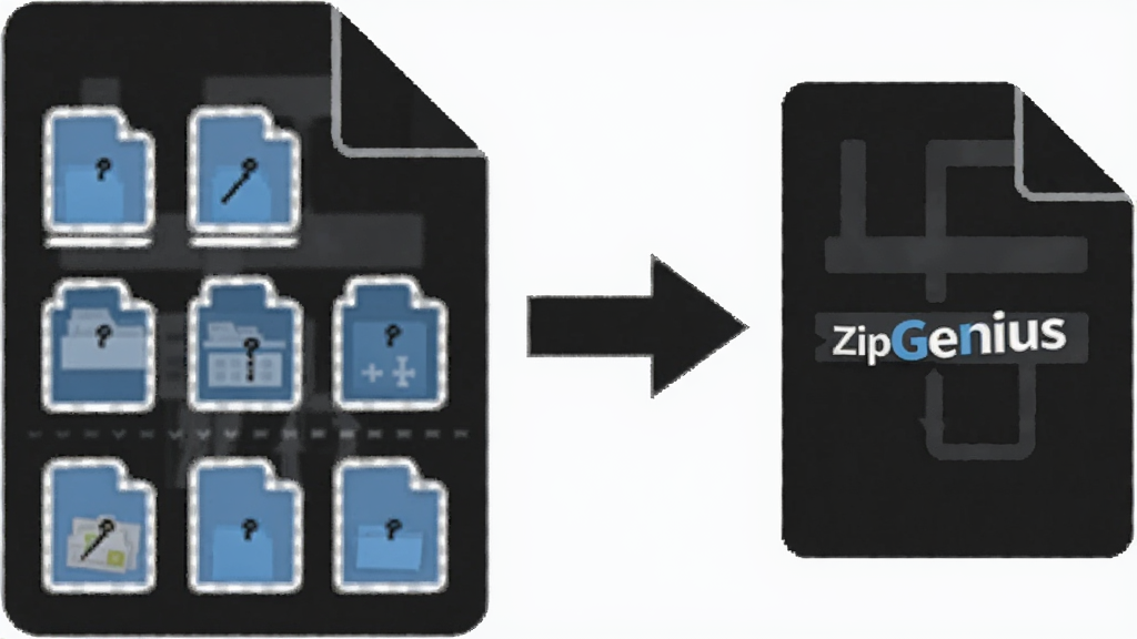 һ��չʾZipGenius�ļ��ָ���ϲ����ܵ�ʾ��ͼ������������һ�����ļ����ָ�����ɸ�С�ļ����ʾ�⣬�Ա��кϲ���ͷָ�������ļ�������Ϊ��ɫ������Լ�������������޶���Ԫ��