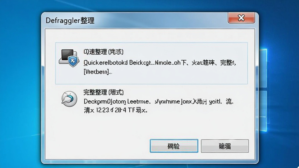 一张展示Defraggler整理模式选择界面的图片,主体为软件对话框,布局为居中弹窗式,排版简洁,风格为Windows软件对话框风格,细节包括快速整理和完整整理两个选项按钮及说明文字,画质高清干净无多余元素