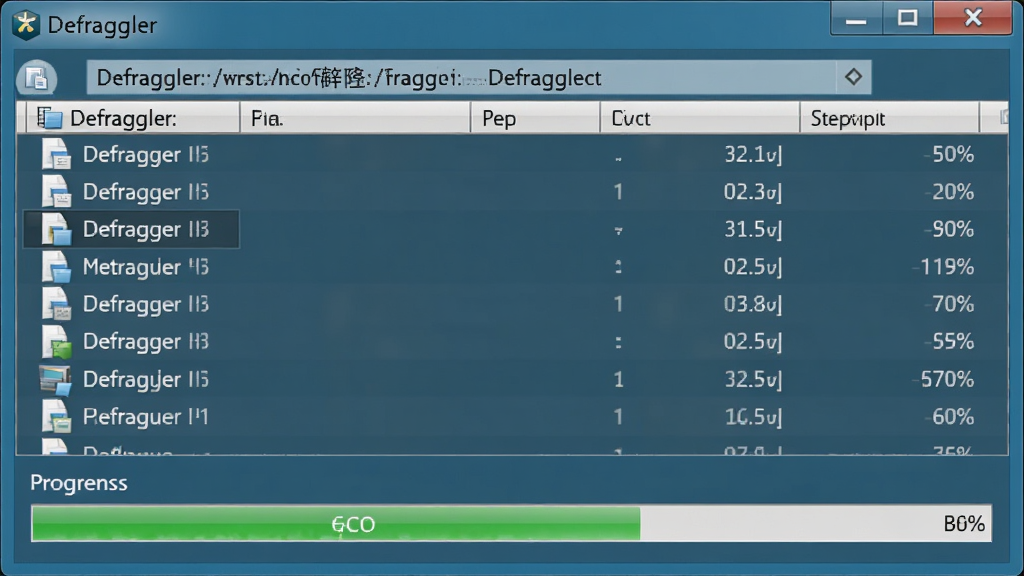 一张展示Defraggler对单个文件进行碎片整理的图片,主体为文件列表与整理进度界面,布局为上下结构上方显示文件路径下方显示整理进度条,排版简洁,风格为软件操作界面截图风格,细节包括文件名、碎片数量、整理百分比,画质高清干净无多余元素
