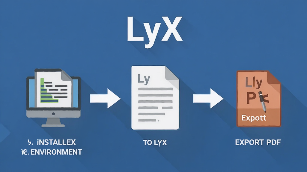一张LyX软件操作流程图,画面展示从安装LaTeX环境到LyX编辑文档再到导出PDF的完整步骤,使用简洁的图标和箭头连接,风格扁平化,配色清爽,画面中包含