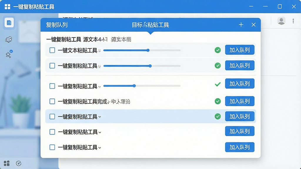 一张展示一键复制粘贴工具批量复制功能的图片,画面主体为软件界面中央的复制队列面板,面板中排列着多条文本条目,每条目左侧有复选框,右侧有“加入队列”按钮,布局为上下结构,上方为源文本区域,下方为目标粘贴区域,风格为清爽的蓝白配色扁平化设计,细节上带有进度条和完成打勾图标,画质高清干净,无多余元素,界面中文字包含“一键复制粘贴工具”