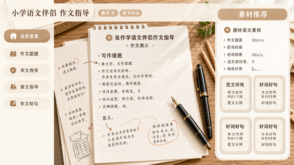 小学语文伴侣作文指导页面,画面展示作文题目、写作提纲、范文示例与好词好句卡片,布局采用三栏式,左侧为分类导航,中间为范文展示,右侧为素材推荐,风格温和文雅,细节包含钢笔、稿纸、标注笔记,画质高清干净,无多余元素