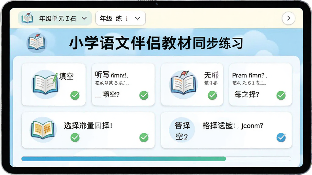 小学语文伴侣教材同步练习界面,主体为课文标题与练习题目列表,布局采用上下结构,上方显示年级单元选择,下方为听写、填空、选择等题型卡片,风格简洁明快,细节包含课本图标、答题勾选标记、进度条,画质清晰干净,无多余元素